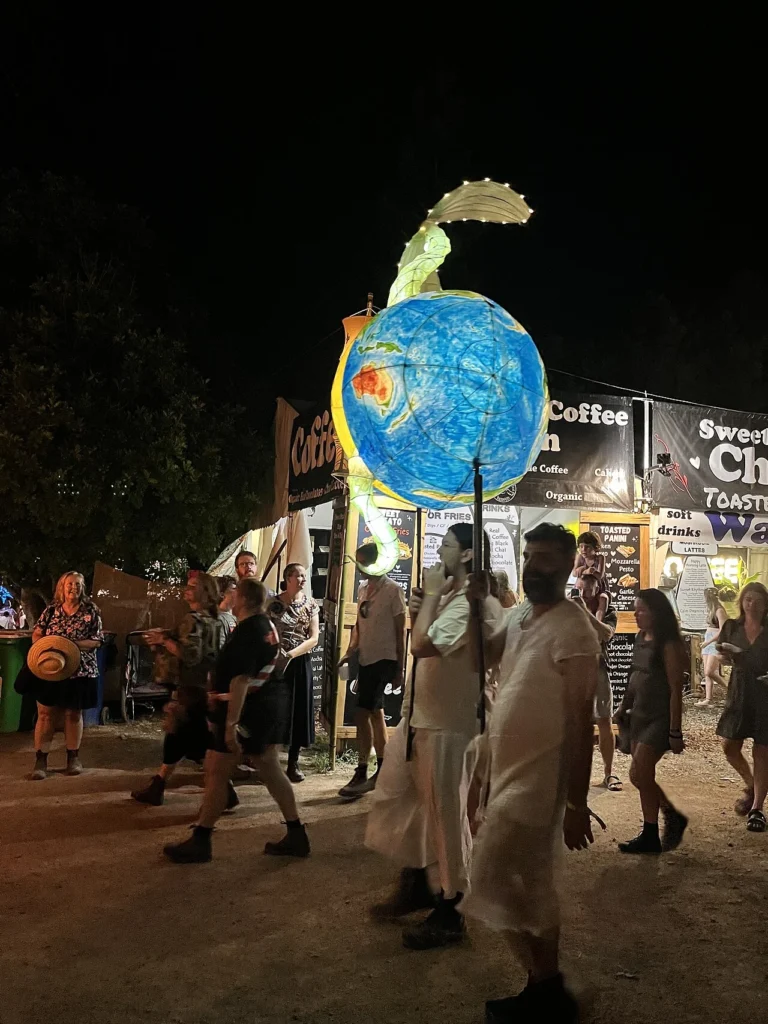 Performers and visitors at a folk music festival